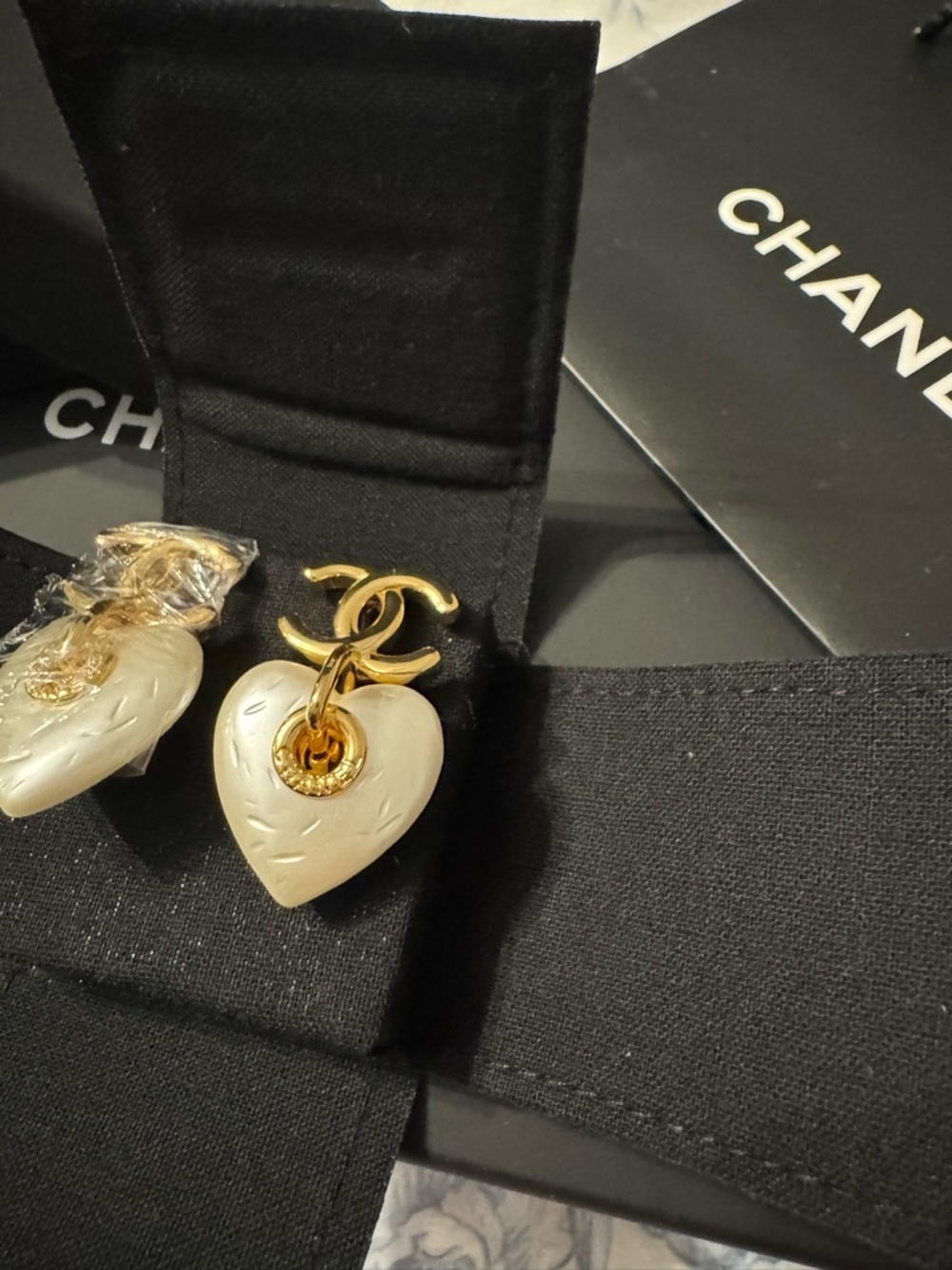 CHANEL Gold-Tone Double C Heart Drop Earrings with Pearl Hearts - Picture 3 of 9